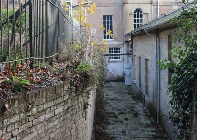 At basement level, the kitchens (right) and ice house (left)